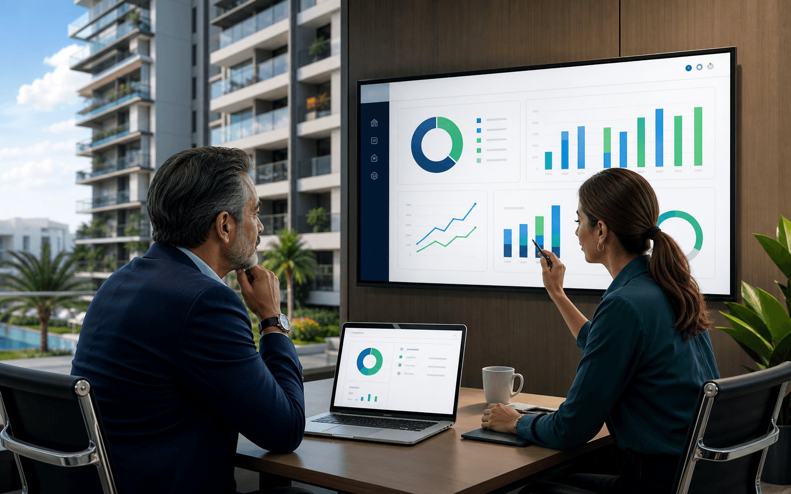 Administradora y miembros de junta revisando un dashboard financiero del condominio