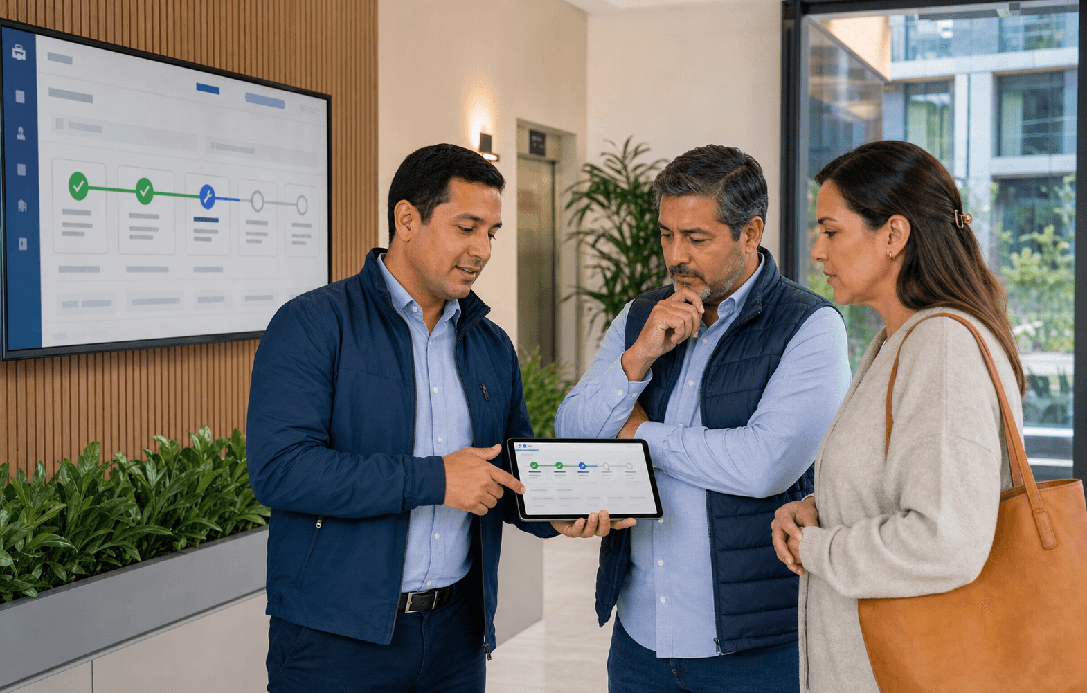 Administradora, residente y miembro de junta revisando el estado digital de una solicitud de mantenimiento en un condominio