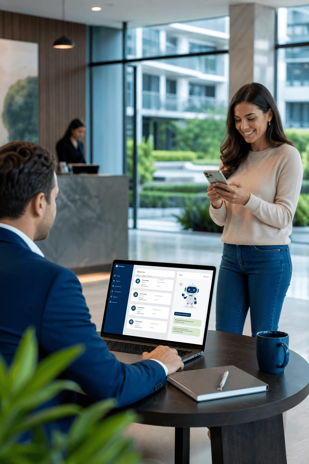 Administrador de condominios usando un dashboard con asistente IA mientras una residente consulta informacion desde su celular en el lobby del edificio