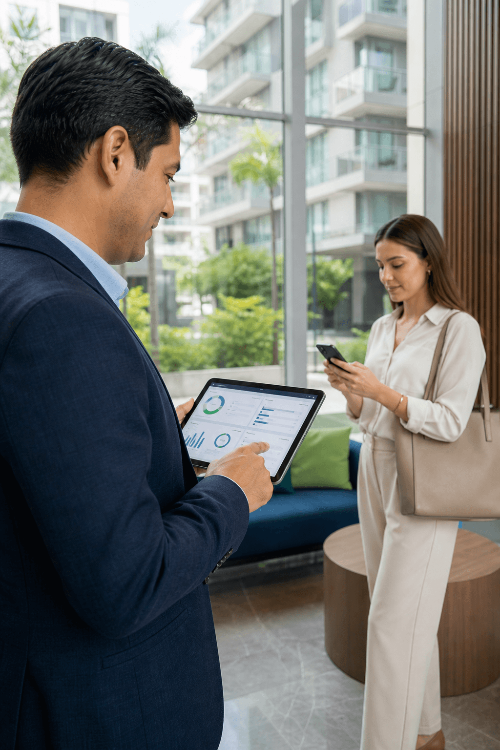 Administrador de condominios revisando un dashboard unificado en una tablet mientras una residente consulta su smartphone en el lobby de un edificio moderno
