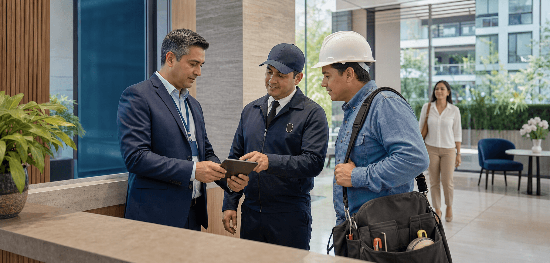 Administradora y concierge verificando el acceso temporal por QR de un contratista en el lobby de un condominio moderno