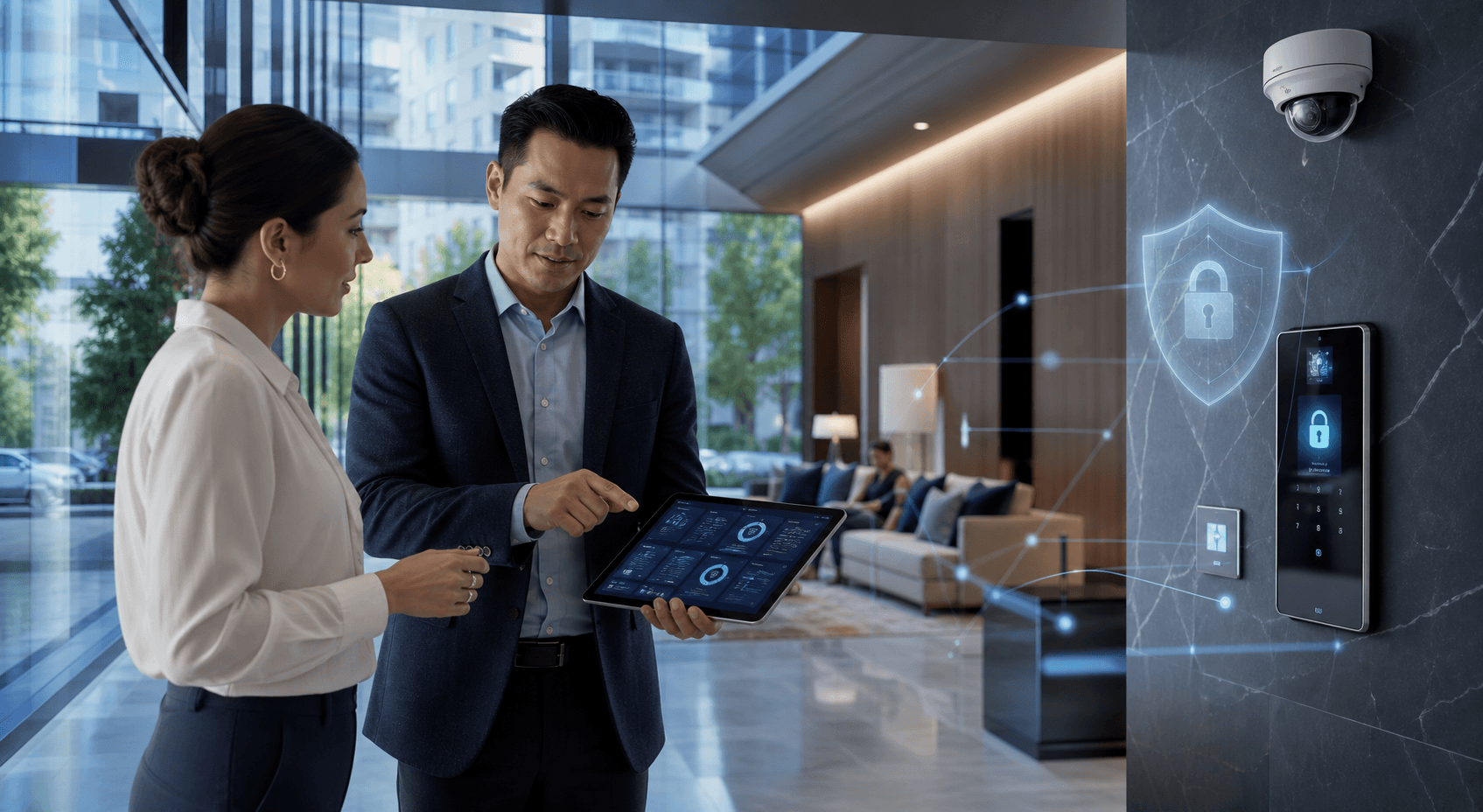 Administradora y gerente operativo revisando en una tablet permisos y datos de seguridad en el lobby de un condominio inteligente