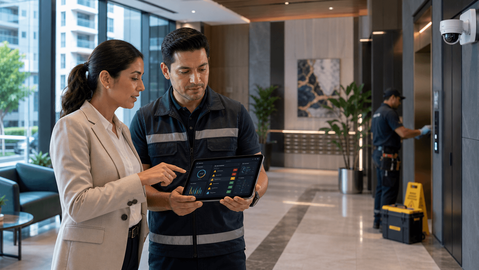Administradora y supervisor de mantenimiento revisando un tablero de triage inteligente en una tablet dentro del lobby de un condominio