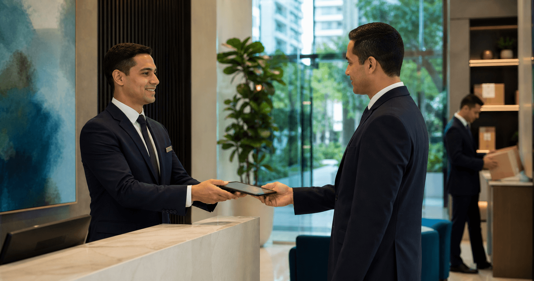 Relevo de turno en el lobby de un condominio con un conserje entregando una tablet con la bitacora digital a un guardia de seguridad