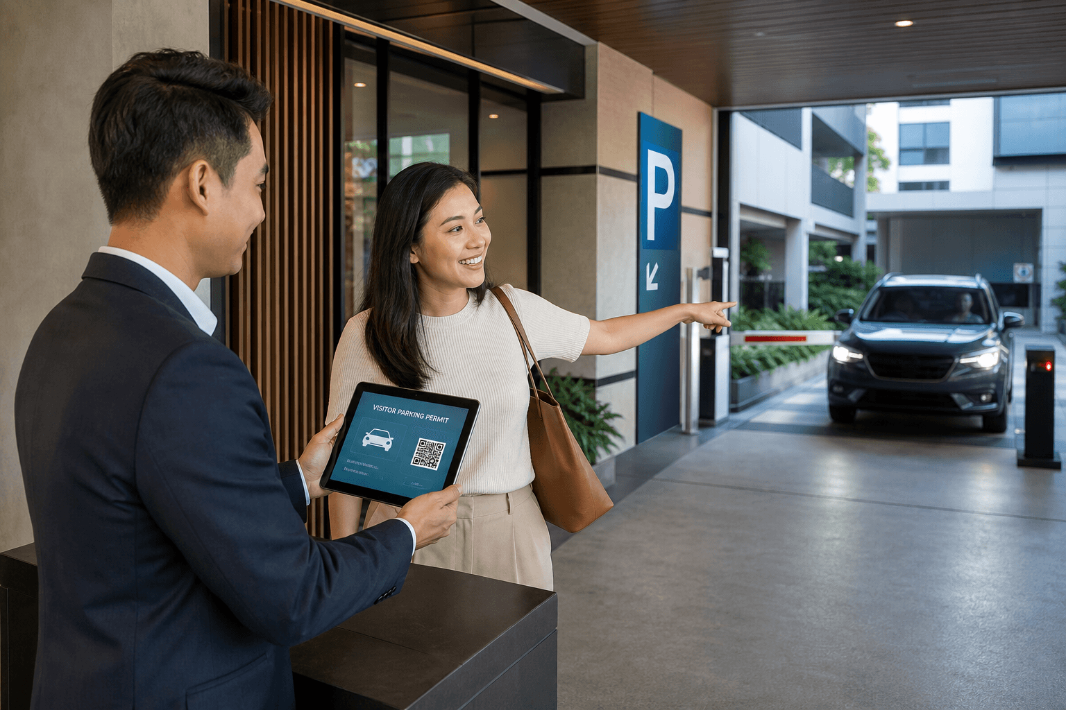 Administradora de condominio mostrando un permiso digital de estacionamiento de visitas en una tablet mientras un vehiculo ingresa al area de parqueo del edificio