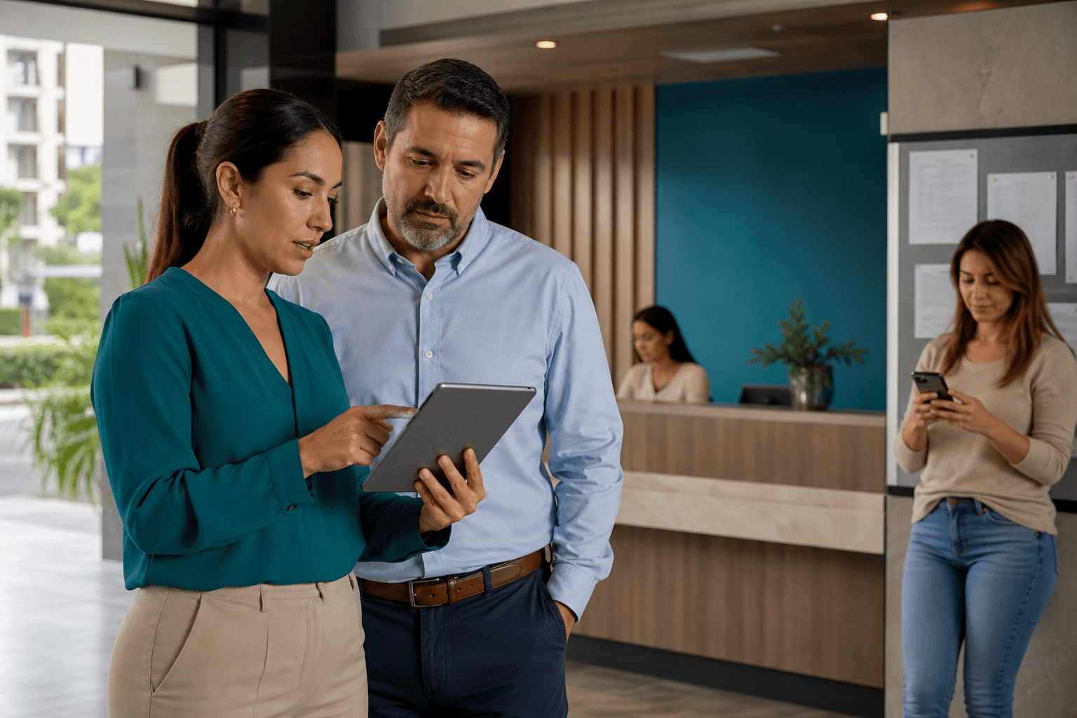 Administradora y miembro de junta revisando en una tablet un flujo digital de infracciones con evidencia y seguimiento en el lobby de un condominio moderno