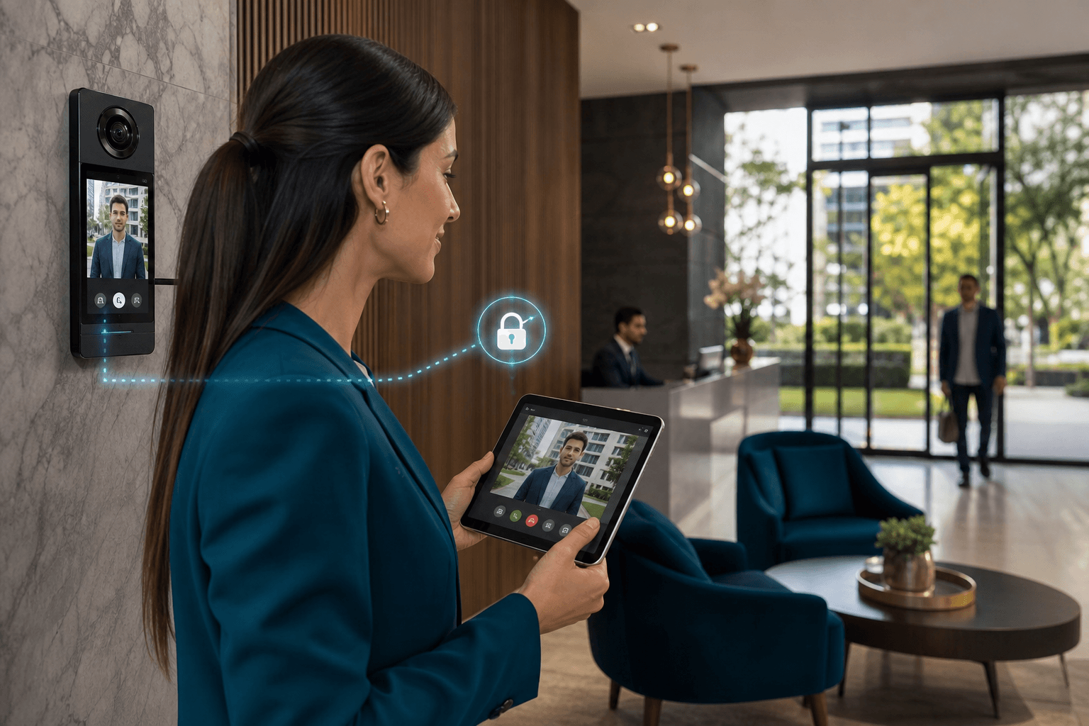 Administradora de condominio respondiendo desde una tablet a un videoportero inteligente mientras una visita espera en el lobby de un edificio moderno