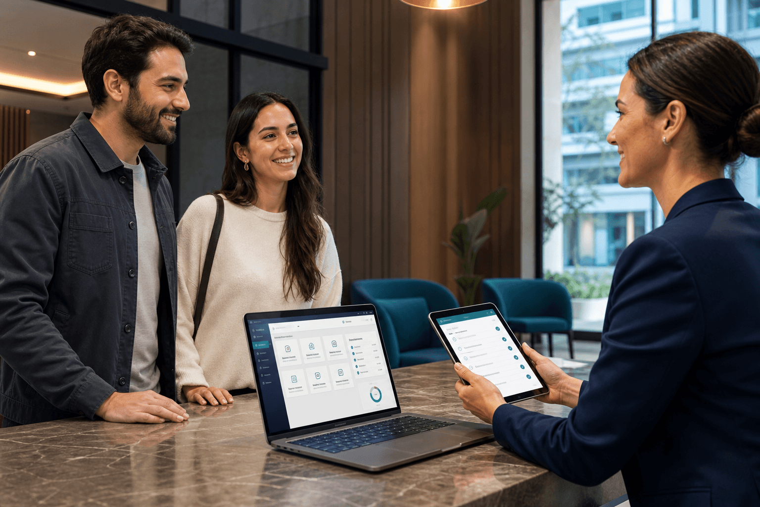 Administradora de condominio conversando con una pareja de residentes mientras revisan un dashboard digital de beneficios y servicios en laptop y tablet dentro de un lobby moderno
