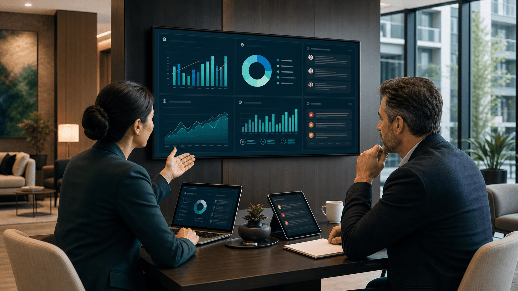Administradora de condominios y miembro de junta revisando un dashboard con IA en una sala moderna del edificio