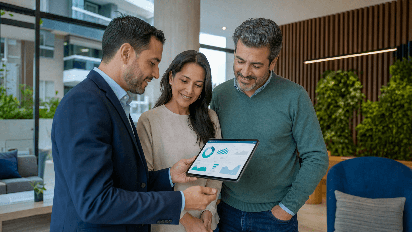 Administrador de condominio compartiendo con dos residentes una tablet con resultados de una encuesta pulse en un lobby moderno