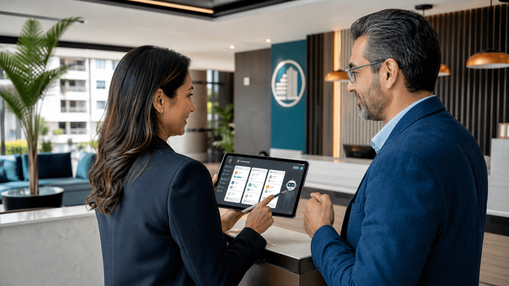 Administradora de condominio y miembro de junta revisando una tablet con flujos operativos asistidos por IA en un lobby moderno