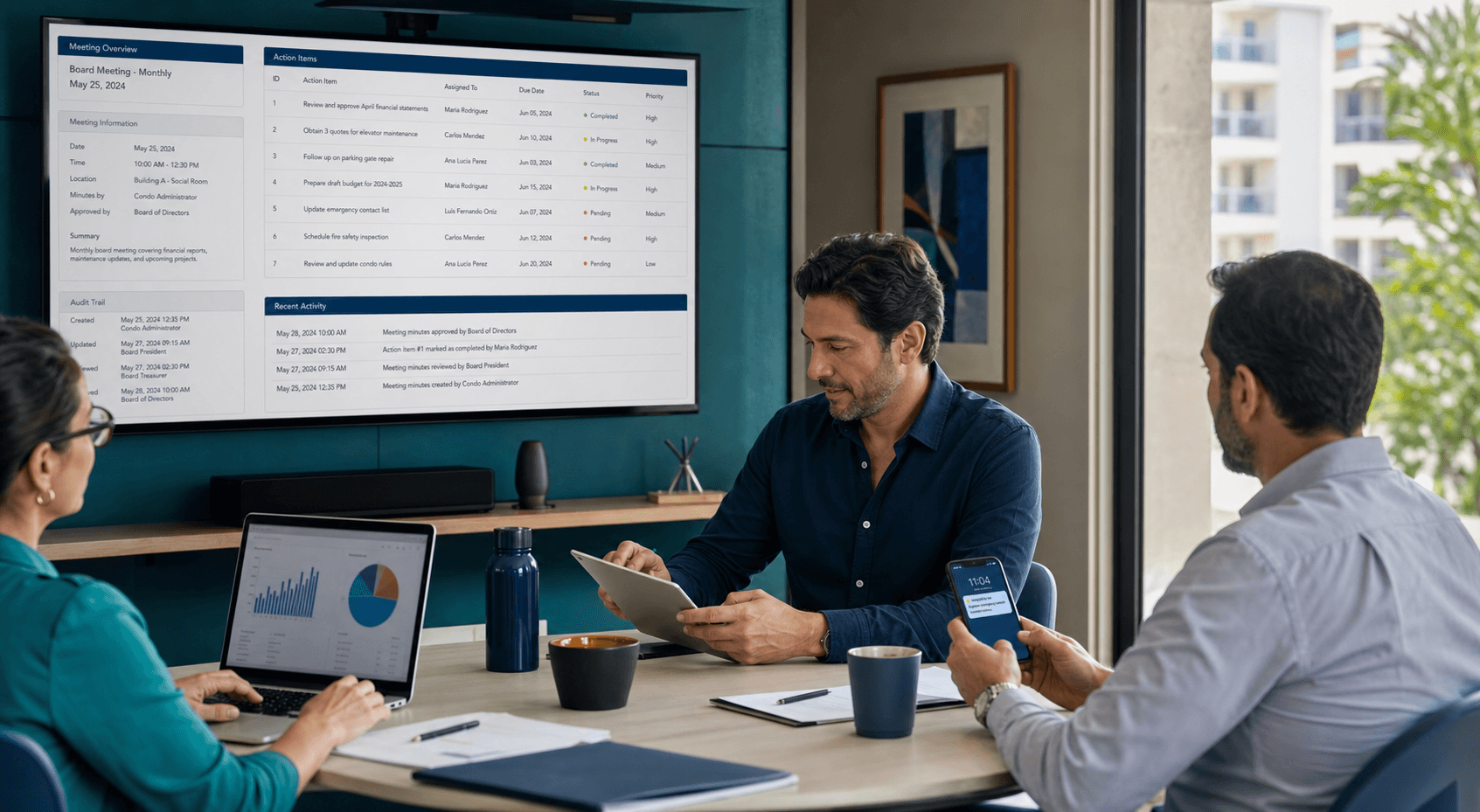 Administradora de condominio y dos miembros de junta revisando un tablero digital con minutas, responsables, fechas y seguimiento de acuerdos en una sala de reuniones moderna