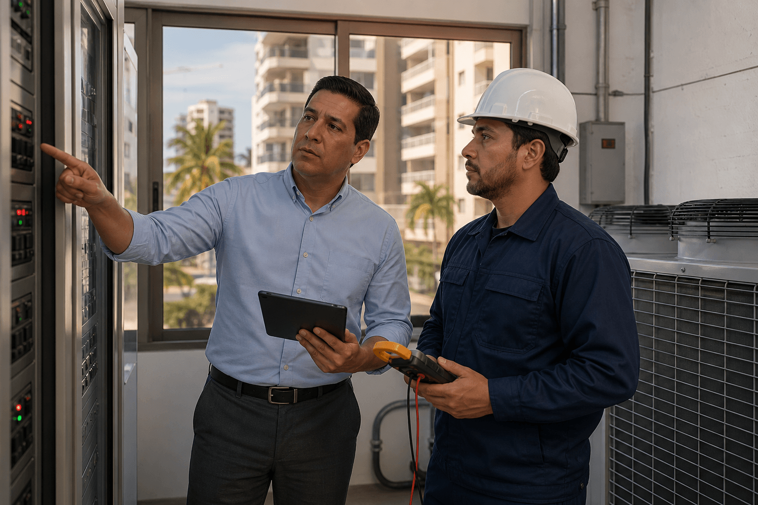 Administradora de condominio y tecnico electrico revisando capacidad de carga y estado de equipos criticos en una sala operativa moderna