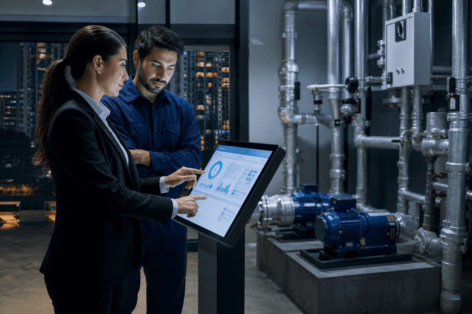 Administradora de condominio y tecnico revisando consumo de agua, medidores y bombas en una sala tecnica moderna