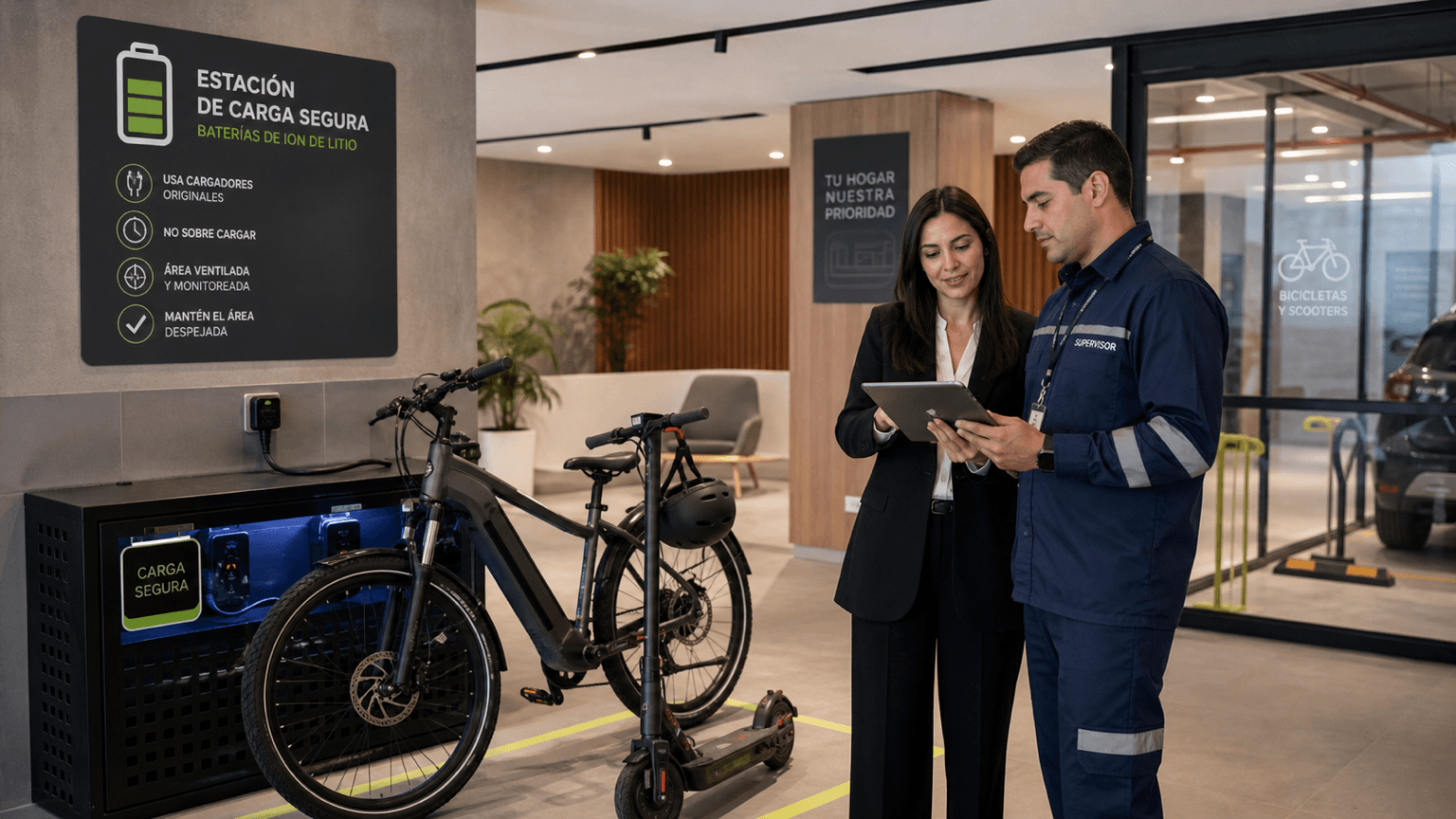 Administradora y supervisor de mantenimiento revisando una zona de carga segura para e-bikes y scooters en un condominio moderno