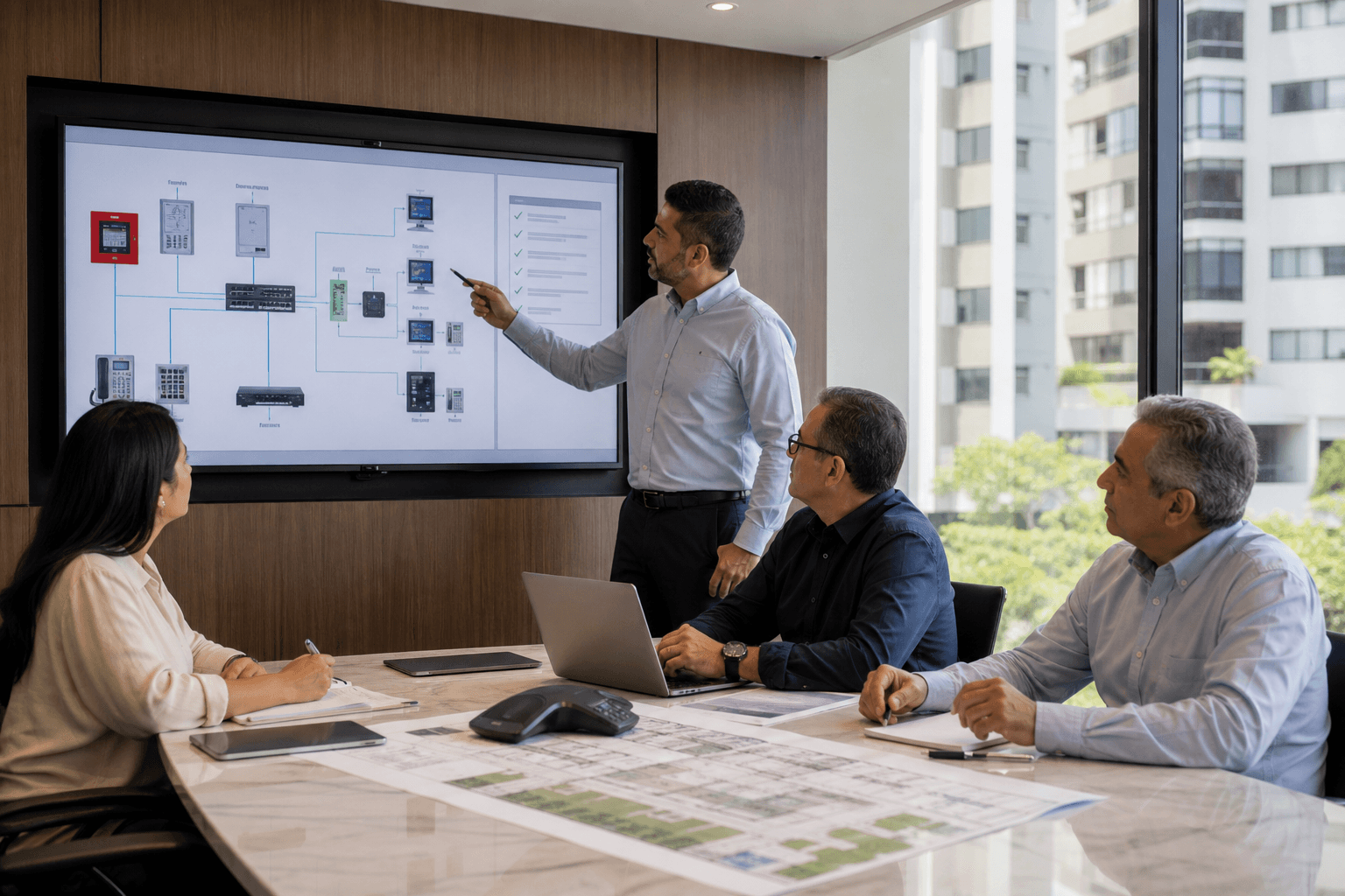 Administrador y junta de condominio revisando un plan de migracion de lineas de cobre a sistemas IP para alarmas, elevadores y control de acceso en una sala moderna