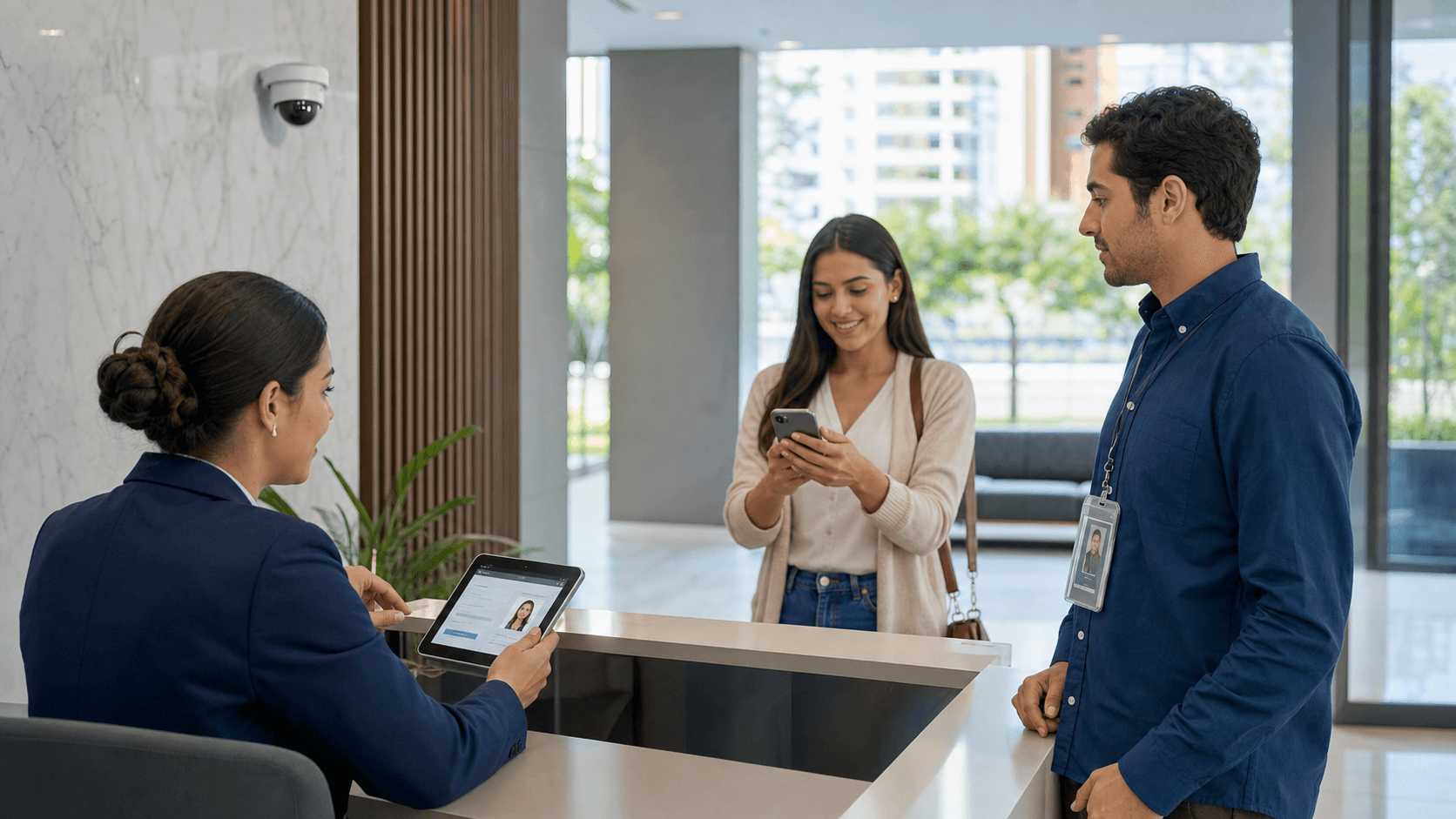 Recepcionista de condominio validando una visita en una tablet mientras un residente aprueba desde su telefono en un lobby moderno