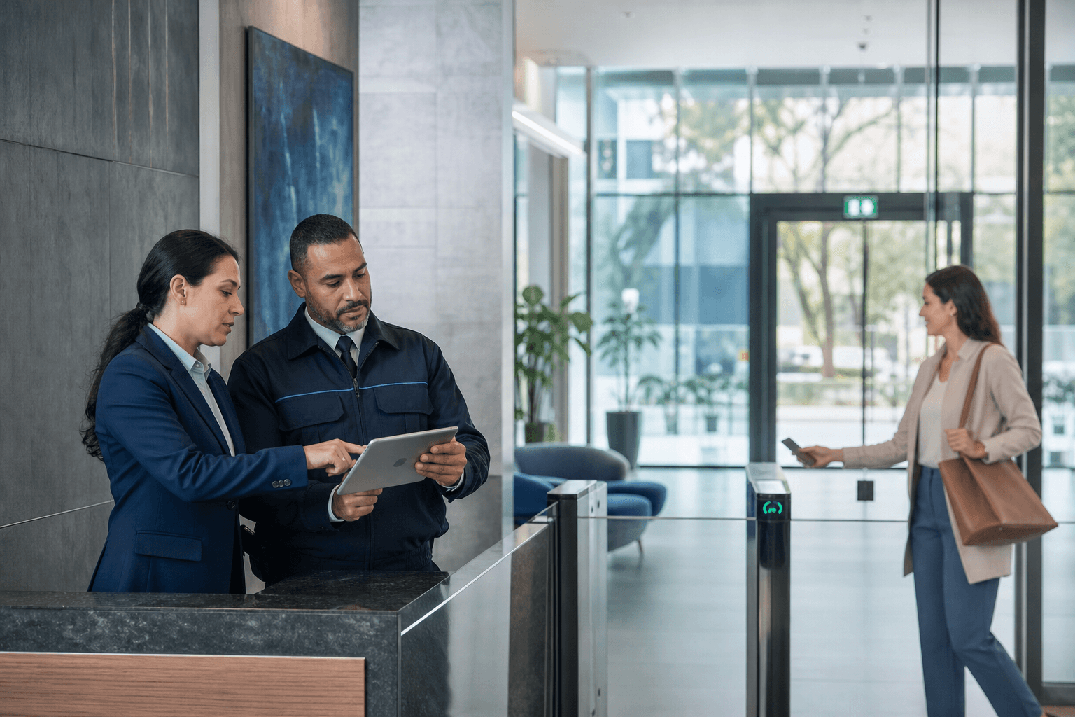 Administradora y jefe de seguridad revisando un panel de accesos en tablet mientras una residente ingresa por un lobby moderno de condominio