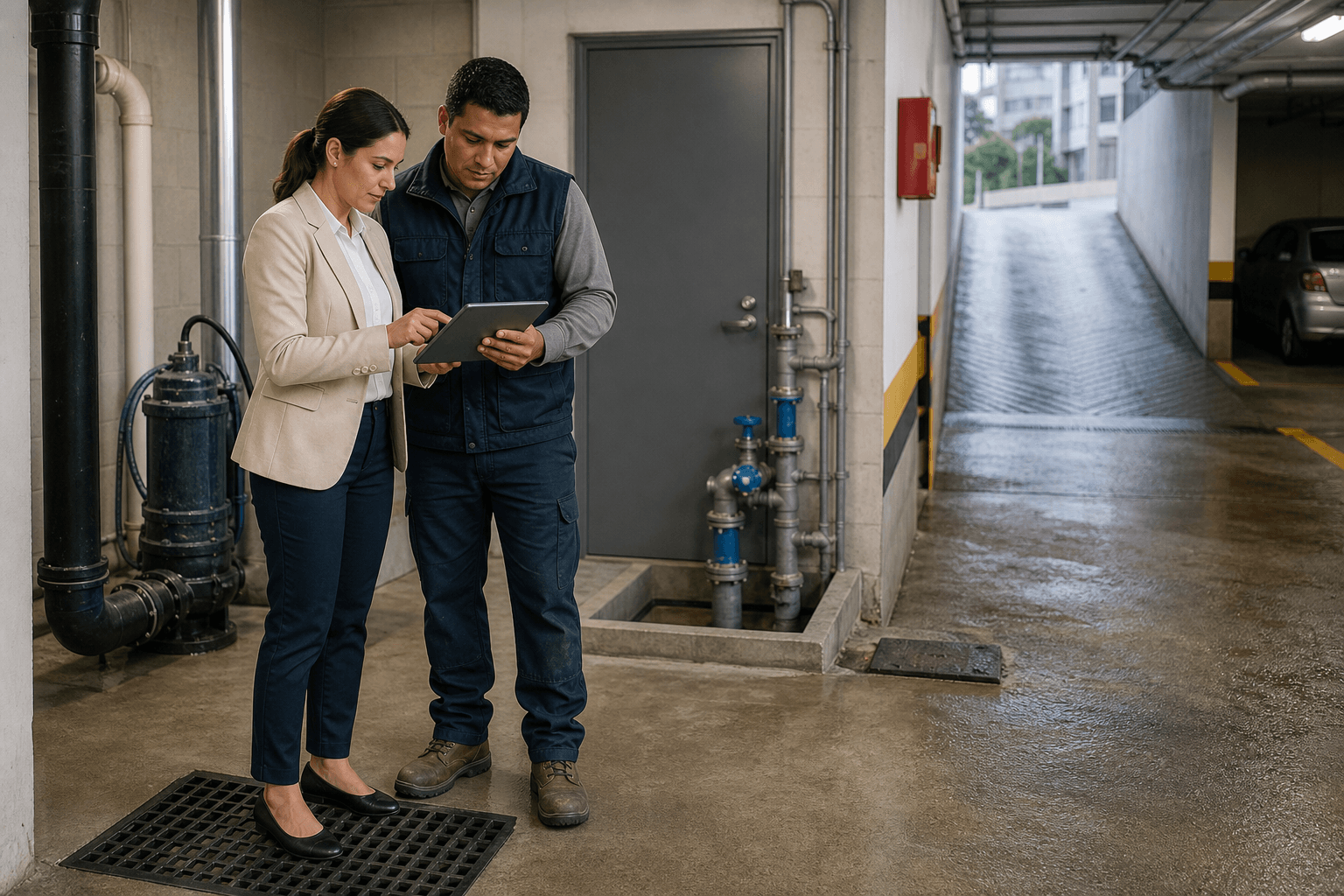 Administradora y supervisor de mantenimiento revisando una checklist de lluvias extremas junto a una bomba de achique en el sotano de un condominio