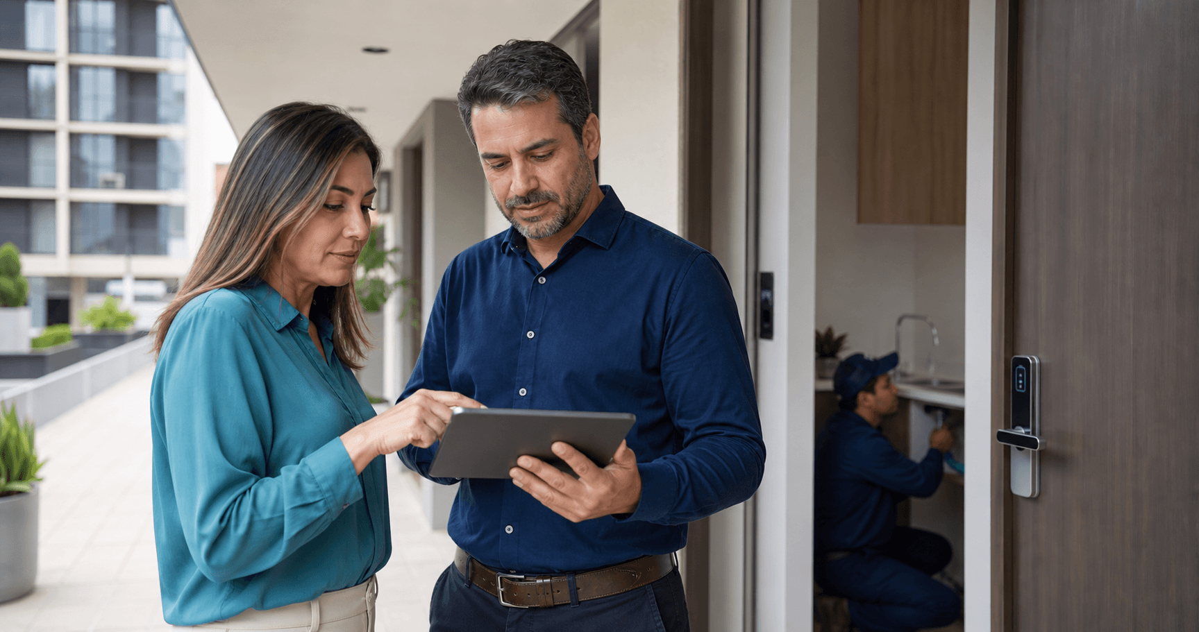 Administradora de condominio y residente revisando una checklist de unidad vacia en una tablet mientras un tecnico verifica una llave de paso y una cerradura inteligente en un departamento moderno
