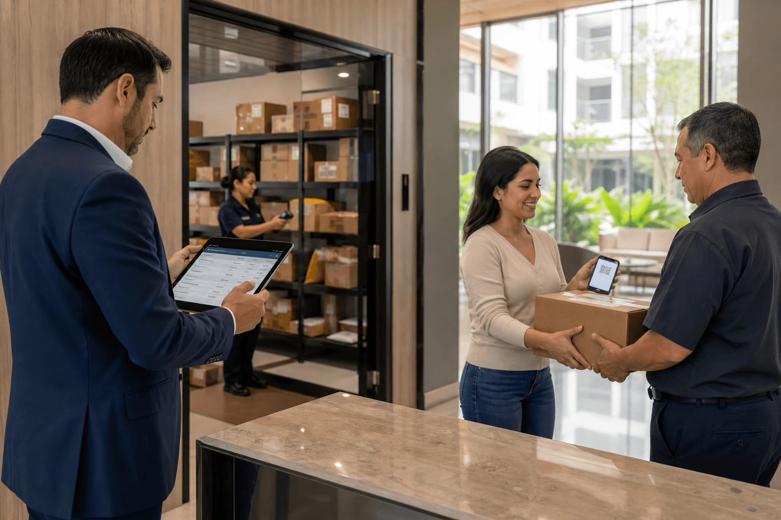 Administrador de condominio revisando un registro digital mientras recepcion entrega un paquete con codigo QR frente a un cuarto de paquetes seguro