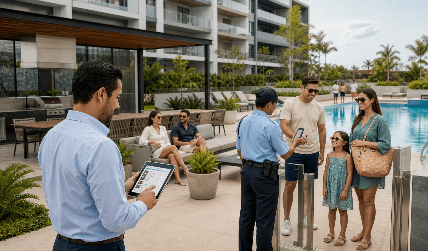Administrador de condominio revisando reservas de amenidades en una tablet mientras seguridad valida un codigo QR para ingreso de invitados a una piscina y terraza