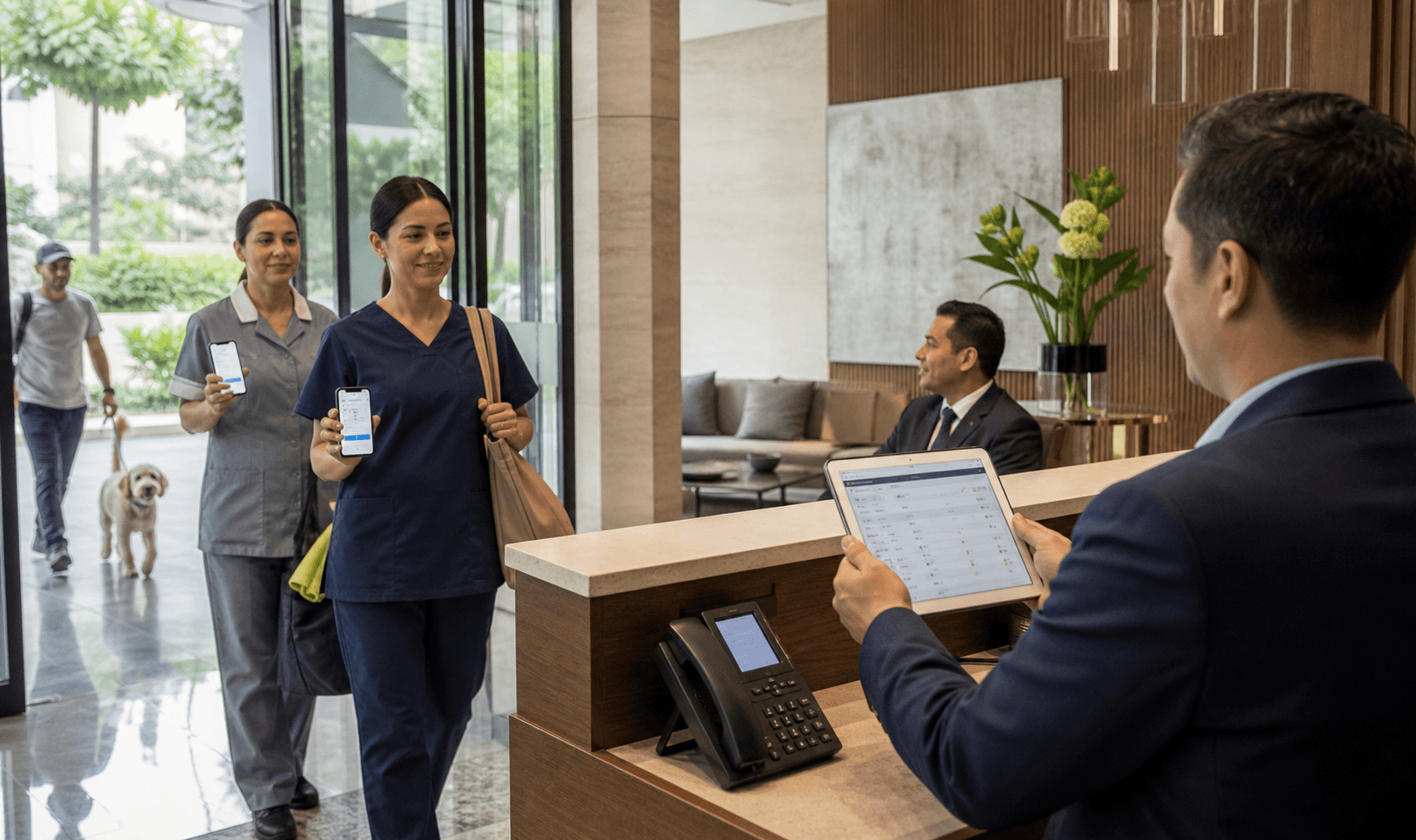 Administrador de condominio revisando accesos recurrentes en una tablet mientras una cuidadora, personal de limpieza y un paseador ingresan al lobby con credenciales moviles temporales
