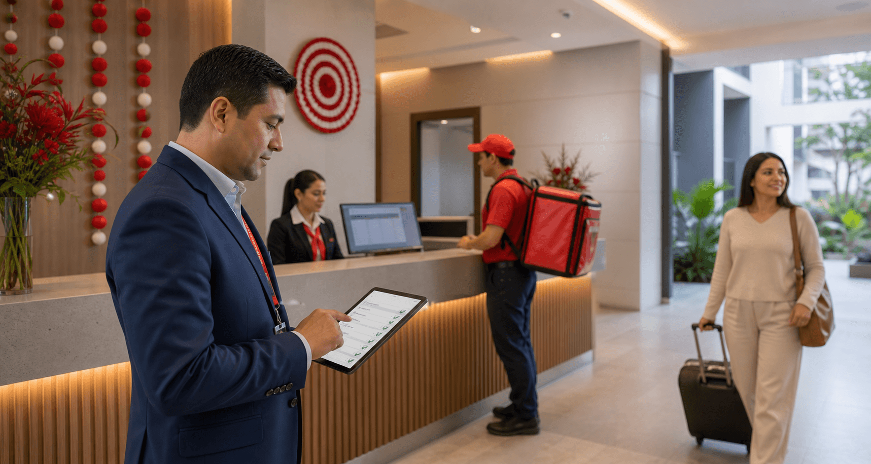 Administrador de condominio revisando un checklist de Fiestas Patrias en tablet mientras recepcion atiende a un courier y una residente sale con maleta en un lobby moderno