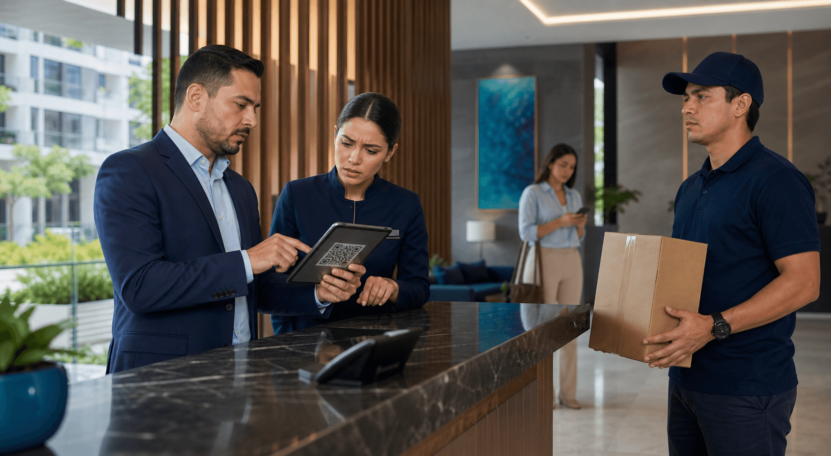 Administrador y concierge de un condominio revisando un codigo QR sospechoso en una tablet mientras un courier espera con un paquete en un lobby moderno