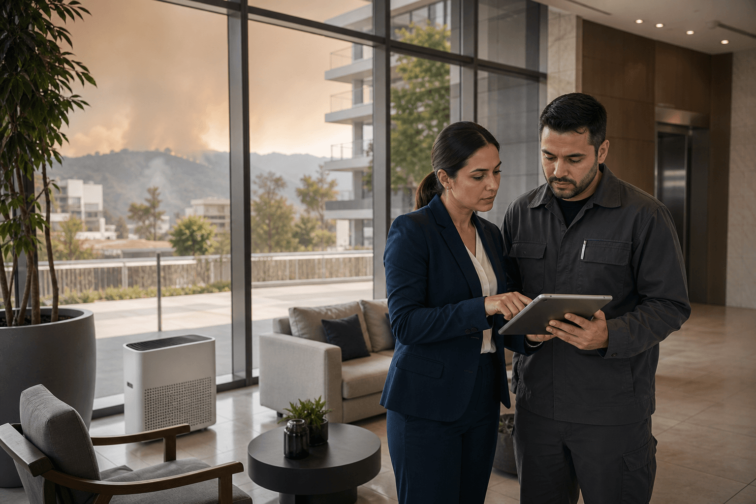 Administradora de condominio y supervisor de mantenimiento revisando un protocolo de calidad del aire en una tablet dentro de un lobby moderno mientras se aprecia humo al exterior y un purificador de aire portatil en funcionamiento