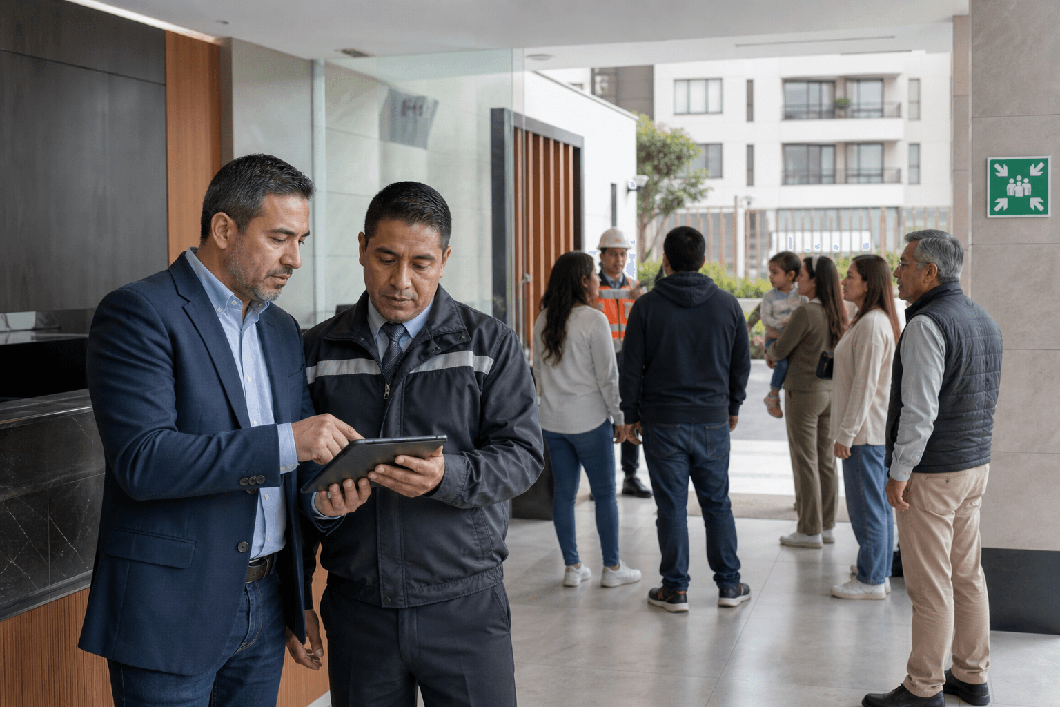 Administrador de condominio y jefe de porteria revisando una checklist de evacuacion en una tablet mientras residentes se organizan en el lobby junto a una zona segura interna