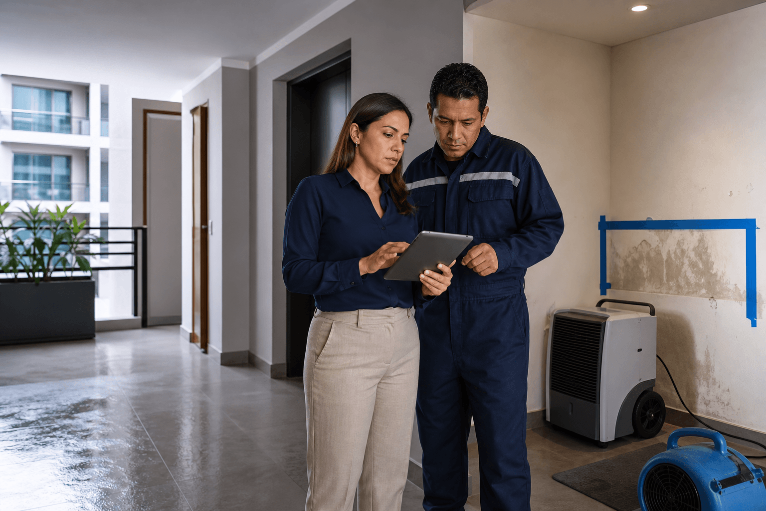 Administradora de condominio y supervisor de mantenimiento revisando una checklist de respuesta a humedad en una tablet junto a un deshumidificador y un muro marcado para secado en un pasillo residencial moderno