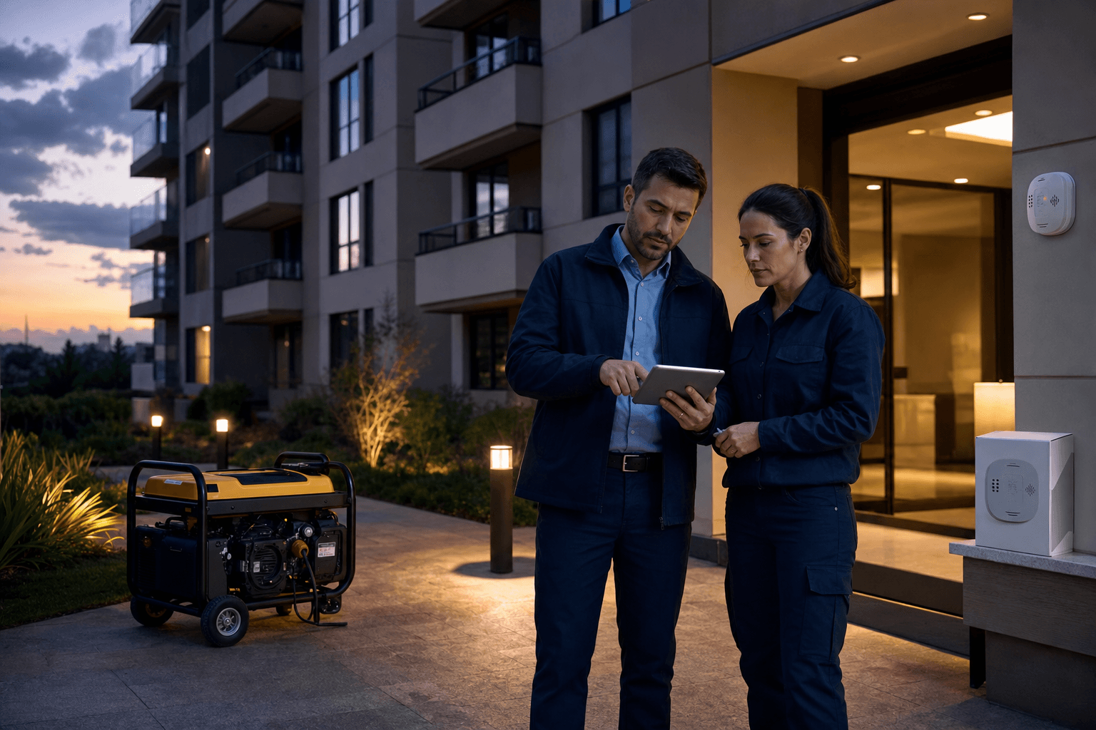 Administrador y supervisora de mantenimiento revisando un protocolo de apagones en una tablet frente a un condominio moderno, con un generador portatil operando afuera a distancia segura del acceso y un detector de monoxido de carbono visible cerca del lobby