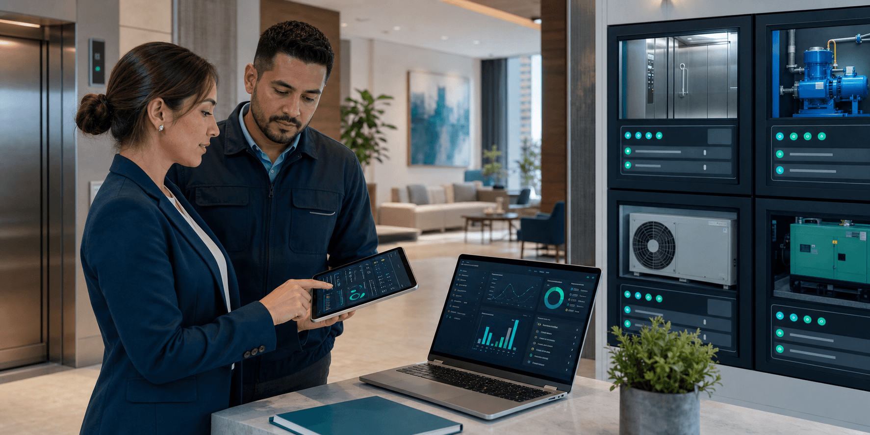 Administradora de condominio y tecnico revisando indicadores de salud de equipos criticos en una tablet y una laptop junto a un panel visual con ascensor, bomba, HVAC y generador