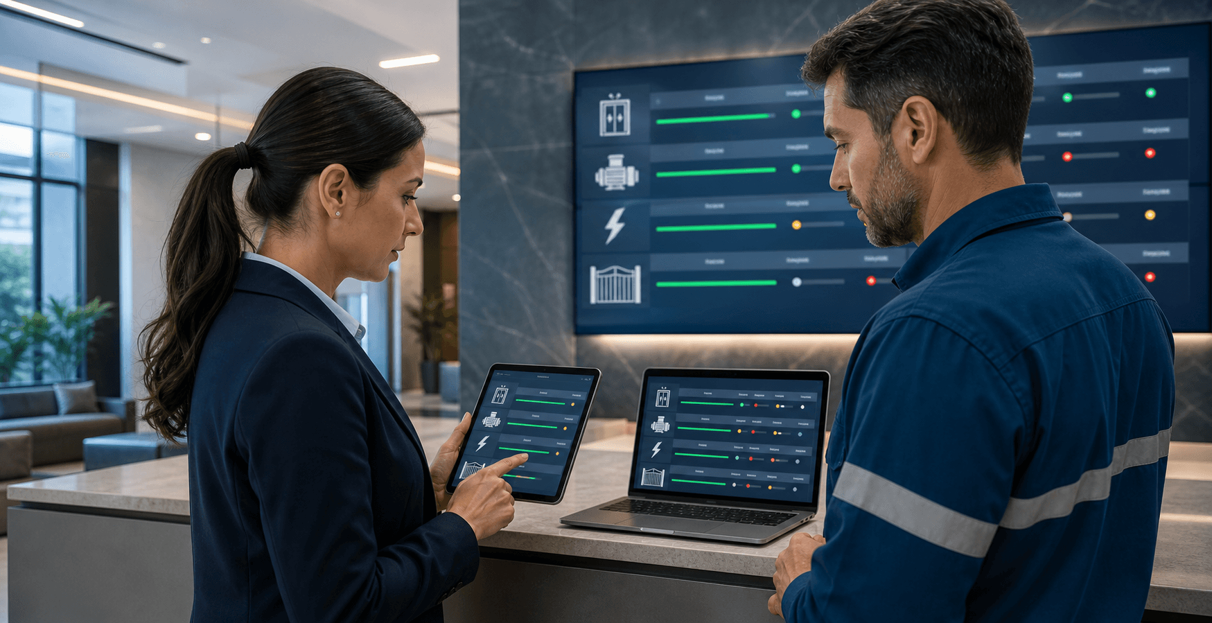 Administradora de condominio y supervisor tecnico revisando en una tablet y una laptop un dashboard de continuidad de proveedores para ascensor, bomba, tablero electrico y porton en el lobby de un edificio moderno