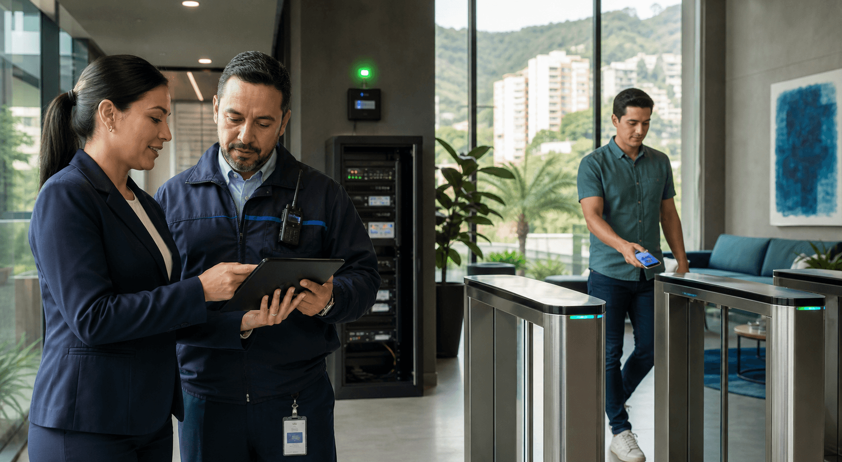 Administradora y supervisor de seguridad revisando credenciales moviles en una tablet mientras un residente entra al lobby con su smartphone en un acceso controlado