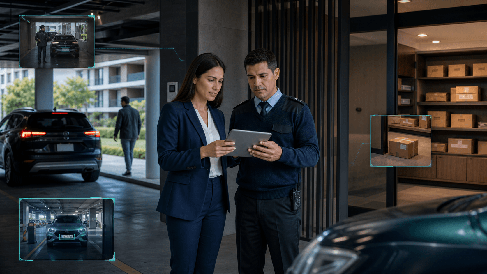 Administradora de condominio y supervisor de seguridad revisando una tablet entre el acceso vehicular y una sala de paqueteria con overlays sutiles de videoanalitica
