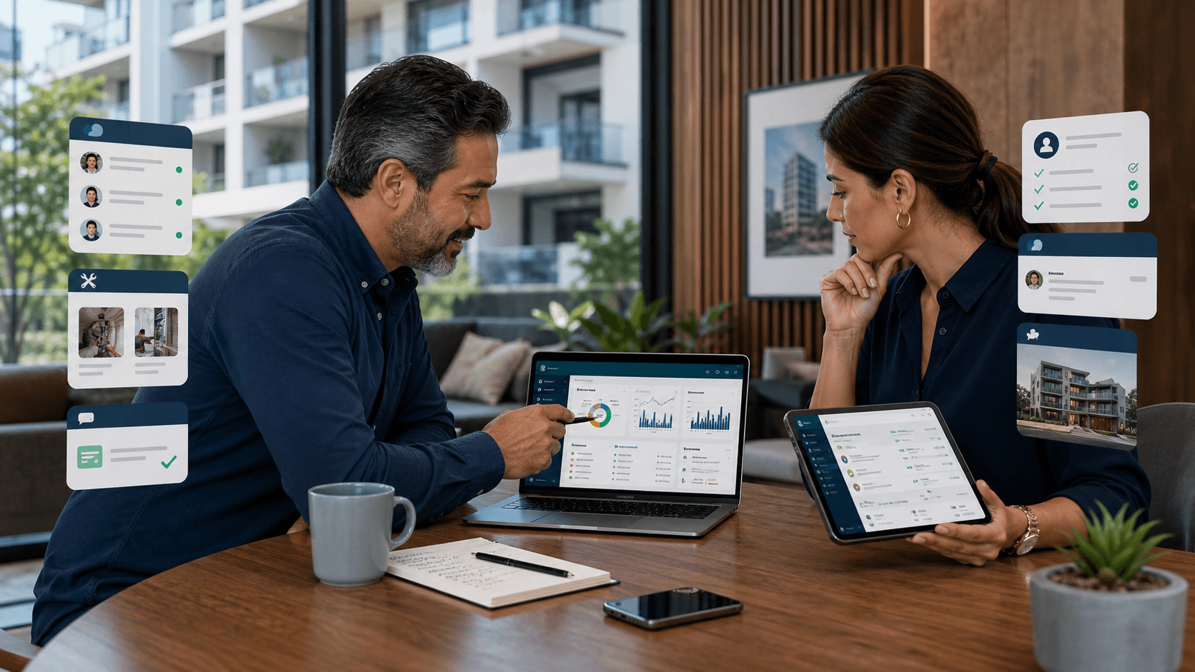Dos responsables operativos de un condominio moderno revisando un dashboard unificado en laptop y tablet para ordenar tickets, pagos, mensajes y solicitudes de junta