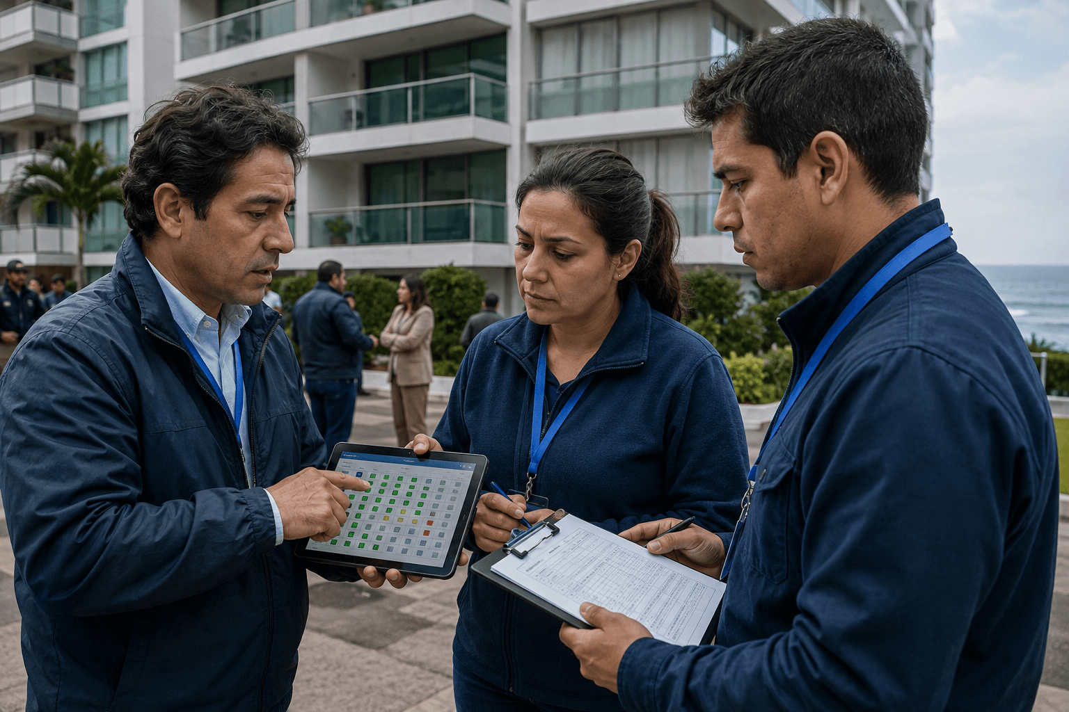 Administrador y coordinadores de torre verificando el estado de residentes despues de un sismo frente a un edificio residencial costero