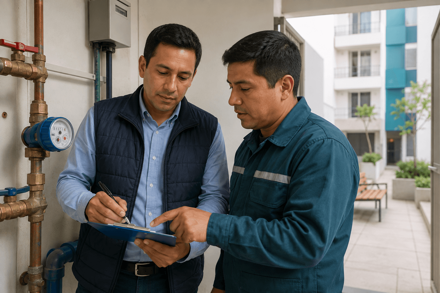 Administrador y técnico revisando un registro de lecturas junto a un medidor de agua en un edificio residencial