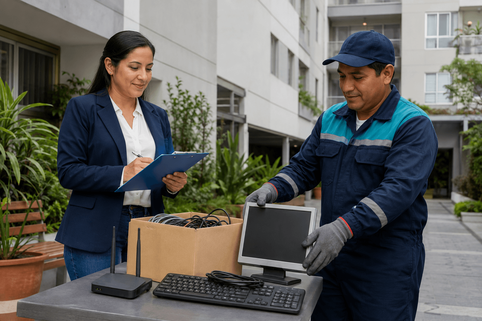 Administradora y trabajador revisando aparatos electrónicos para su entrega en un edificio residencial