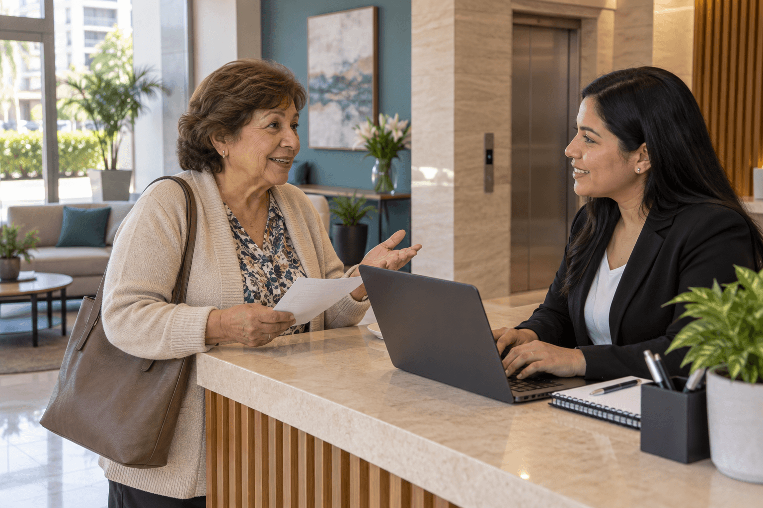 Residente y administradora conversando en recepción con una constancia de papel y una computadora