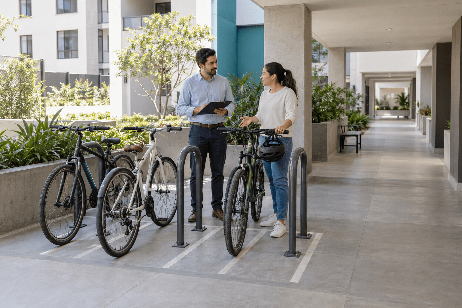 Administrador y residente revisan un estacionamiento de bicicletas junto a un paso peatonal despejado