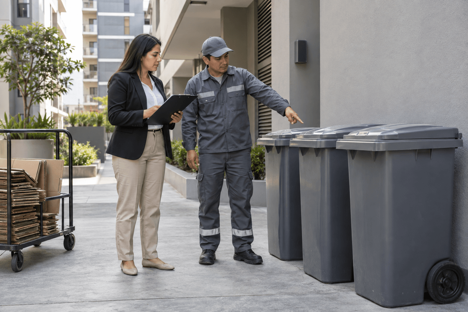 Administradora y trabajador de mantenimiento revisan contenedores cerrados en el patio de servicio de un condominio