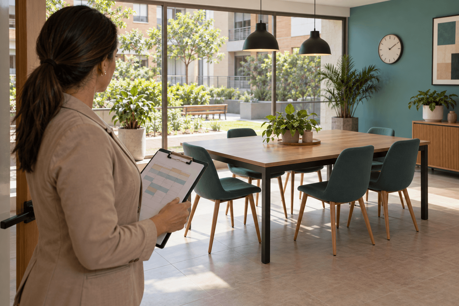 Administradora con una ficha de horarios observa un salón común vacío con mesa y sillas