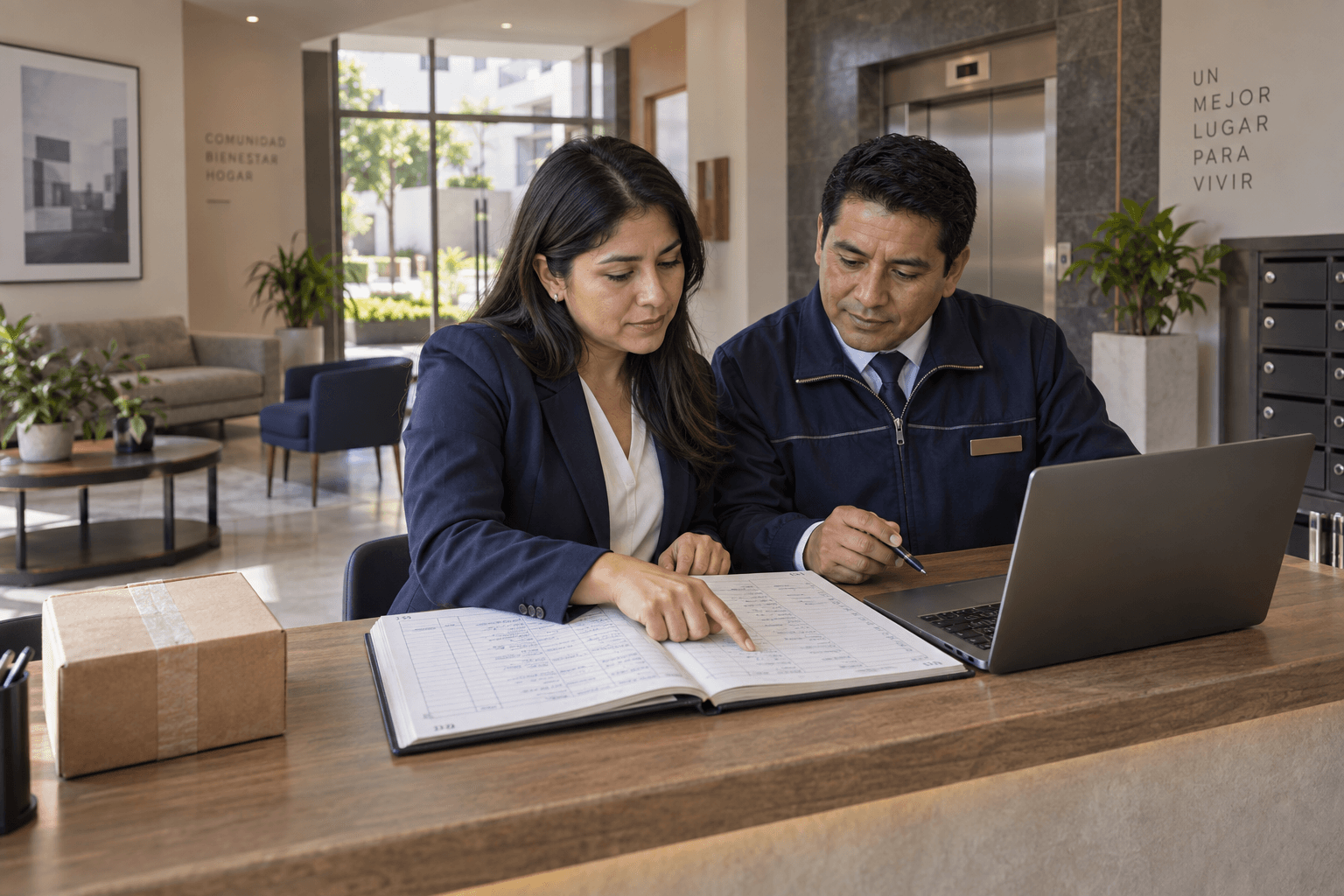 Administradora y conserje comparando un registro en papel con una computadora en la recepción de un edificio