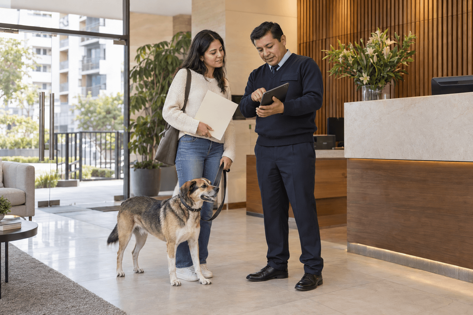 Residente con su perro y conserje revisando una ficha privada de identificación en el lobby de un condominio