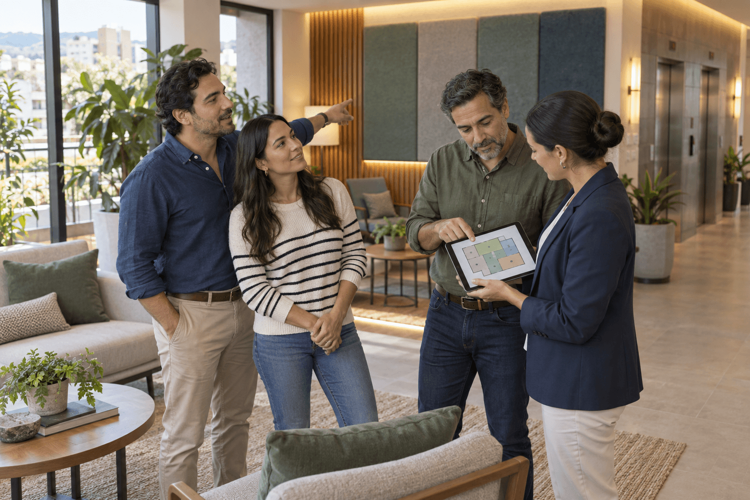 Residentes y administradora revisando juntos el confort sensorial de una sala común del condominio