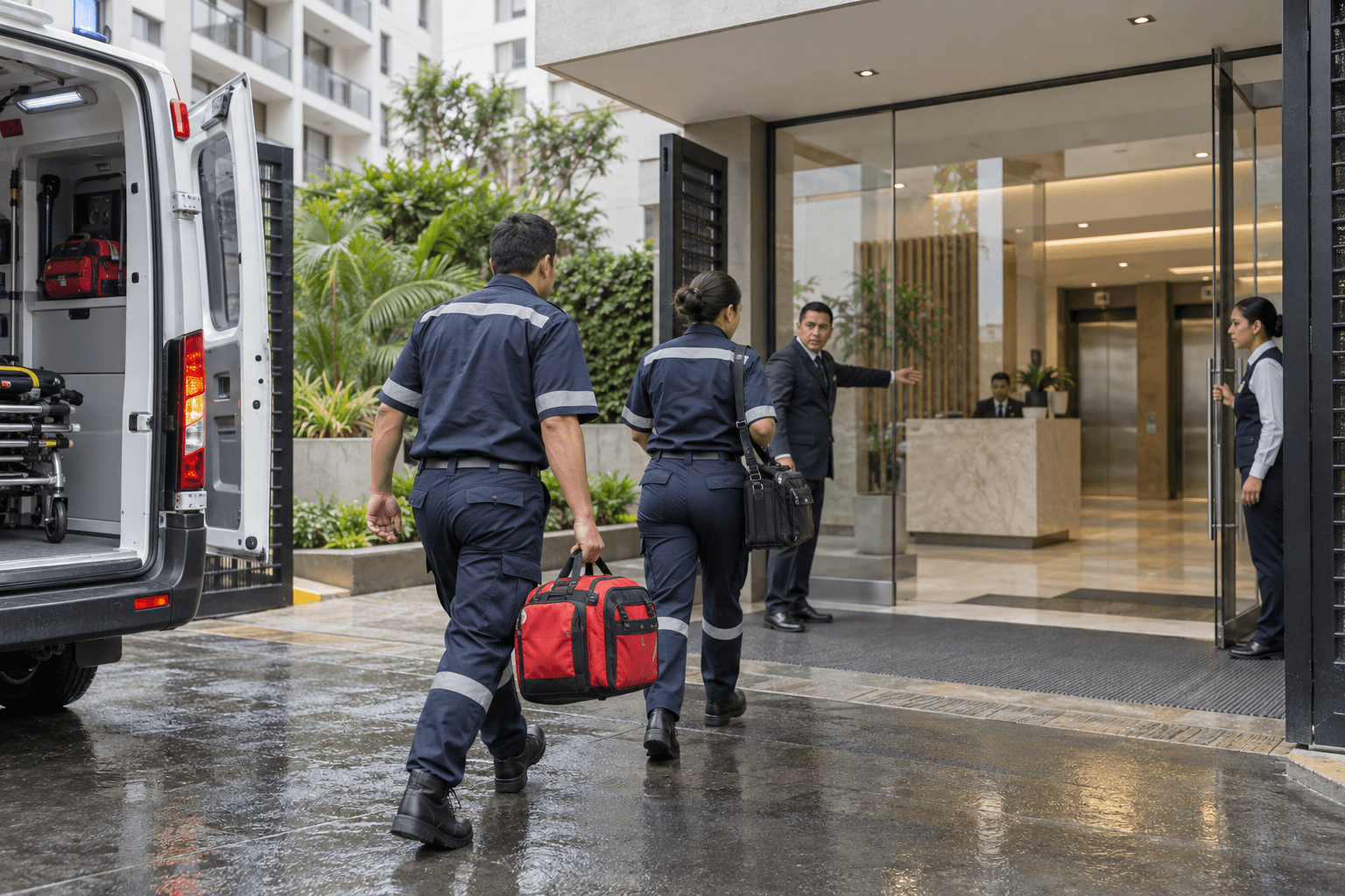 Personal de emergencia ingresa a un condominio mientras portería mantiene libre y guía la ruta