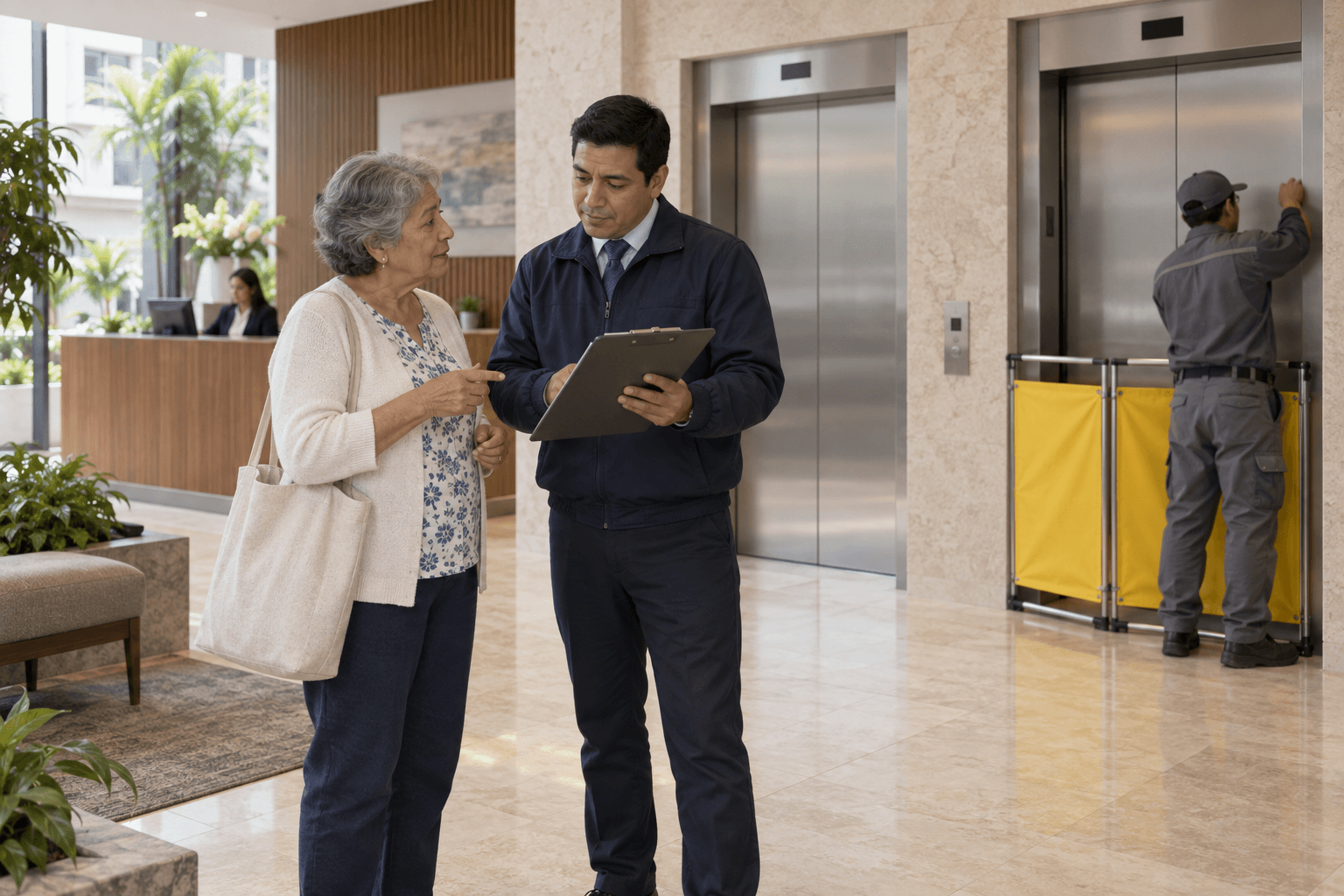 Residente adulta mayor y administrador coordinan un plan temporal mientras un ascensor recibe mantenimiento